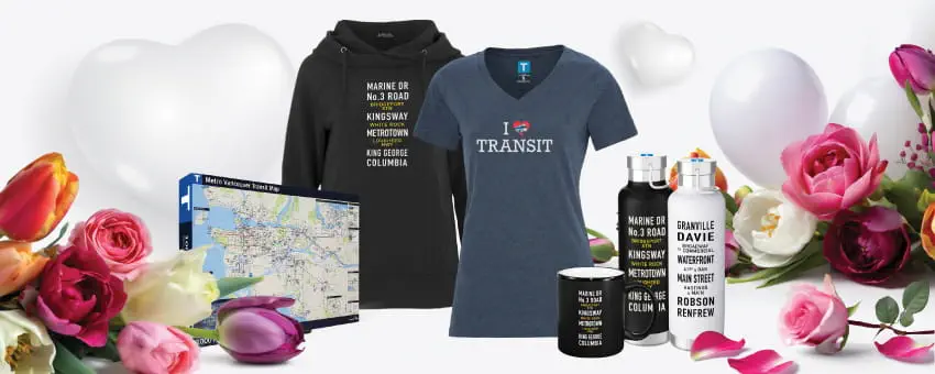 TransLink branded tshirts and water bottles with flowers and balloons